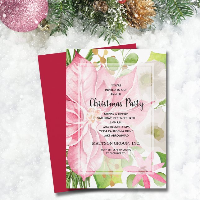 Convite Feriado Natal Poinsettia Rosa Floral (Christmas Holiday Pink Poinsettia Floral Invitations)