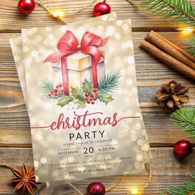Convite Feriado Natal Watercolor Company Bokeh Dourado (Christmas Holiday Watercolor Company Bokeh Gold Invitation)