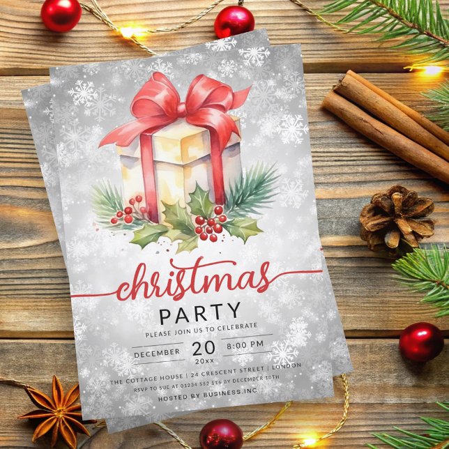 Convite Feriado Natal Watercolor Company Snow Silver (Christmas Holiday Watercolor Company Snow Silver Invitation)