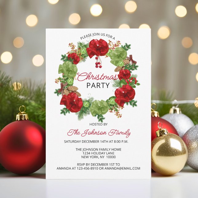 Convite Feriado NATAL Wreath White Red Green (Holiday CHRISTMAS PARTY Wreath White Red Green Invitation)