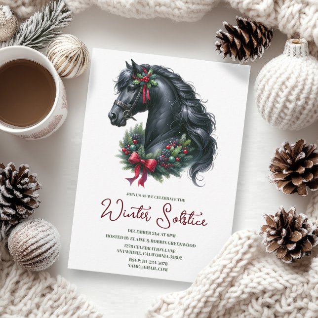 Convite Feriado Pagan Holly Yule Horse de inverno (Winter Solstice Holly Yule Horse Pagan Holiday Invitation)