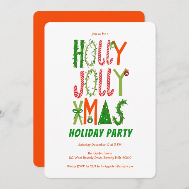 Convite Feriado PERSONALIZADO de Natal Holly Jolly Drawn (Frente/Verso)