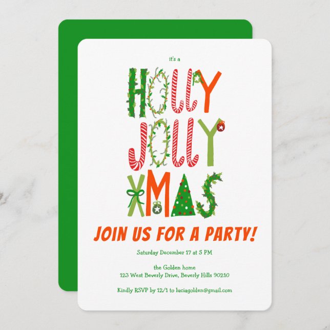 Convite Feriado PERSONALIZADO de Natal Holly Jolly Drawn (Frente/Verso)