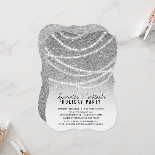 Convite Feriado Prata Glitter Sparkles E Cocktail Party (Frente/Verso In Situ)