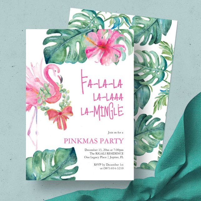 Convite Feriado Tropical Watercolor Flamingo (Christmas invitation with watercolor pink flamingo and palm leaf art by Victoria Grigaliunas pinkmas)