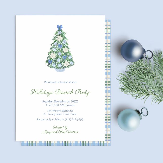 Convite Feriados de Árvore de Aquarela High-End BrunParty (Holidays Brunch Party invite featuring maximalist holidays tree decorated in blue and white)