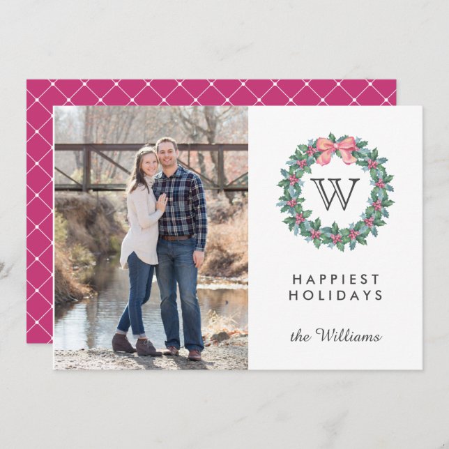 Convite Feriados de Natal Iniciais do Mistletoe Wreath (Frente/Verso)