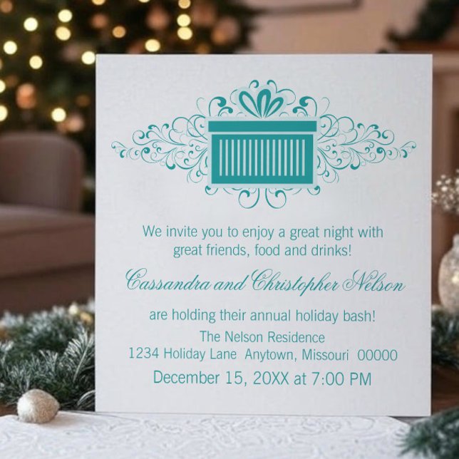 Convite Feriados Nadam Festa de Natal, Teal (Teal Holiday Swirls Present Christmas Party Invitation)