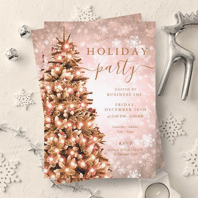 Convite Férias da Companhia de Árvore de Natal Dourada Fes (Festive Rose Gold Christmas Tree Company Holiday Invitation)