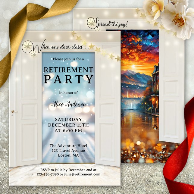 Convite Férias de Fim de Ano Festa de Aposentadoria (Christmas retirement invitation featuring opening doors showing a road with sparkling snow)