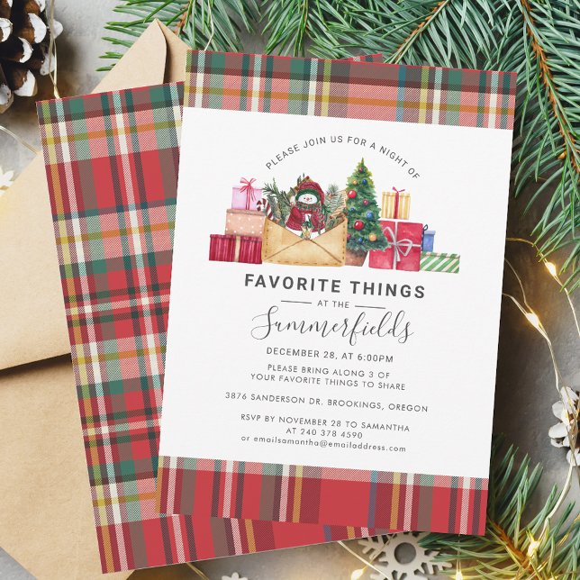 Convite Férias de Natal Coisas Favoritas Modernas (Elegant Plaid Christmas Preppy Favorite Things Invitation)