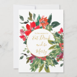 Convite Férias de Natal Holly Wreath Dourado