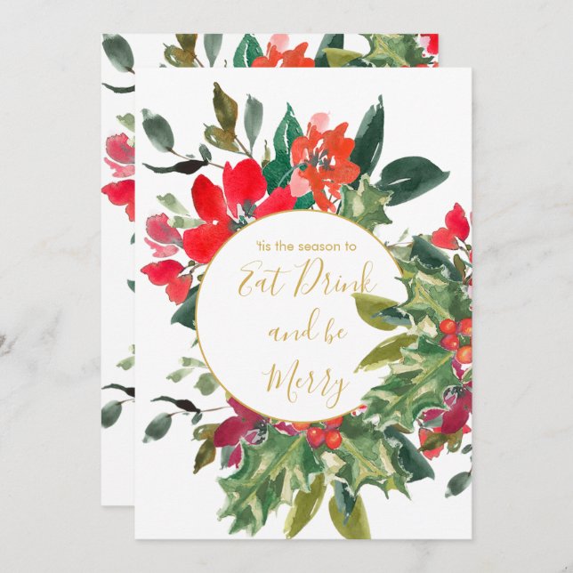 Convite Férias de Natal Holly Wreath Dourado (Frente/Verso)