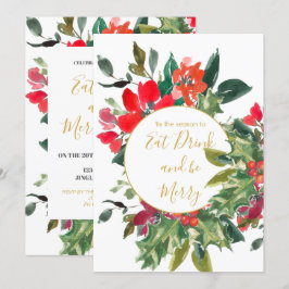 Convite Férias de Natal Holly Wreath Dourado