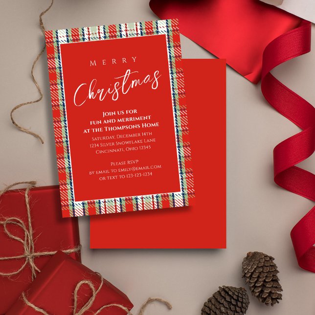 Convite Férias de Natal Simples Xadrez Festiva Vermelha de (Merry Christmas holiday festive red plaid background with stylish calligraphy script. )