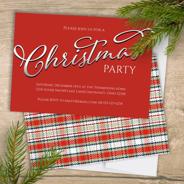 Convite Férias de Natal Simples Xadrez Festiva Vermelha de (Merry Christmas holiday festive red plaid background with stylish calligraphy script. )