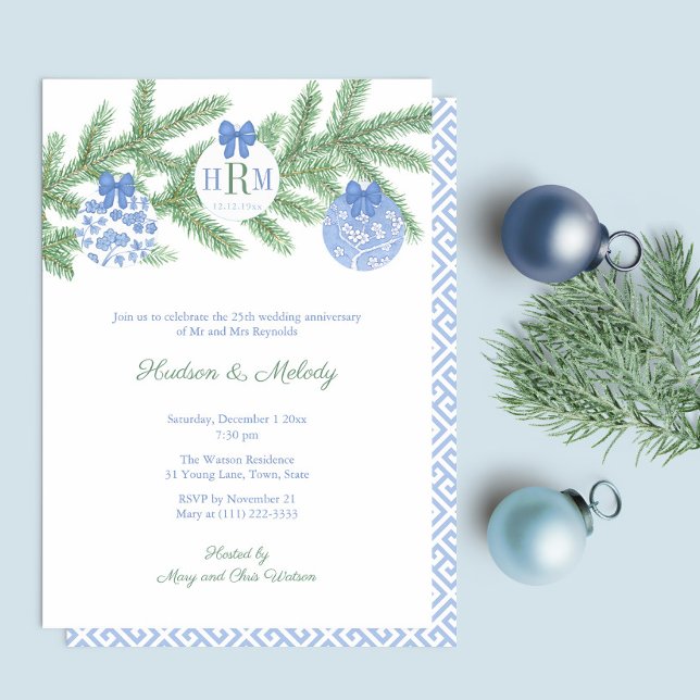 Convite Férias Inteligentes Monograma Casamento Aniversári (Wedding Anniversary Party Invitation Featuring Fir Tree Branch With Blue And White Baubles)