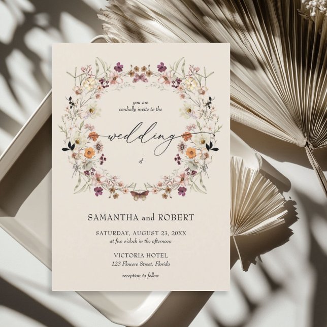 Convite Ferida de flores silvestres de cobre, de cobre, qu (Boho burnt orange copper wildflowers wreath invitation)