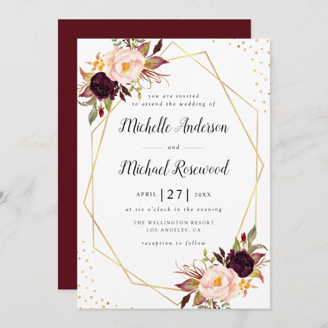 Convite Ferida geométrica, blush, casamento floral (Frente/Verso)