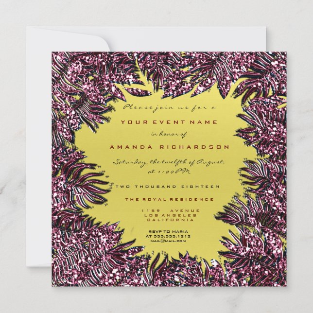 Convite Fern Leafs Enquadrados Metalílicos Borgonha Vermel (Frente)