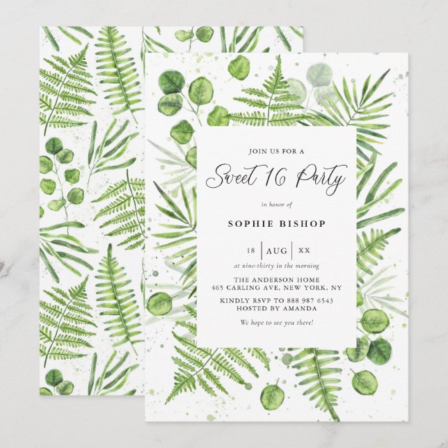 Convite Ferns de Aquarela e Eucalyptus Frame Sweet 16 Part (Frente/Verso)