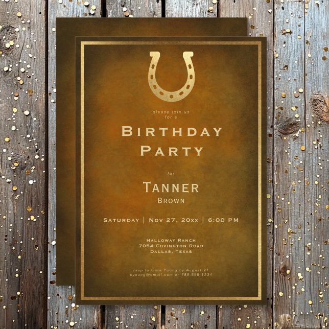 Convite Ferradura russa ocidental Pardo Dourado Aniversári (Western Rustic Horseshoe Brown Gold Birthday Invitation)