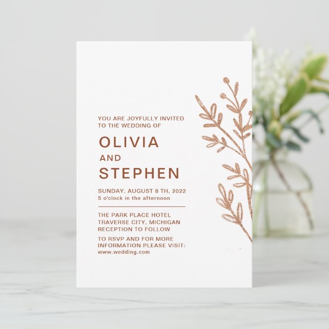 Convite Ferrugem e branca. Folhagem simples. Casamento mod (Em pé/Frente)