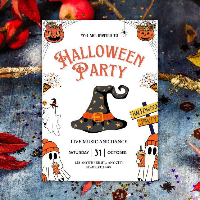 Convite Fesestivo Witch Hat e Fantasmas Festa de Halloween (Festive Witch Hat & Ghosts Halloween Party Invitation
)