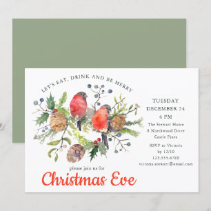 Convite FesNatal Eve Watercolor Bullfinch Floral