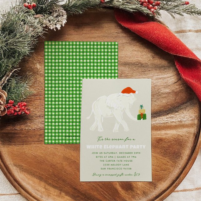 Convite FEST (FESP White Elephant Party) (Festive White Elephant Party Illustrated Invitation with a green checkered back.)
