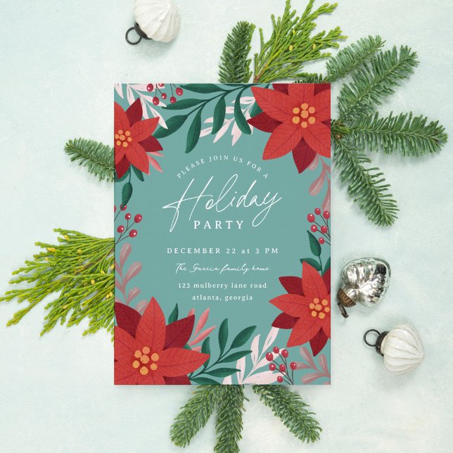 Convite FEST Flowers Foliday Party (teal holiday party invitation with elegant poinsettias and botanicals)