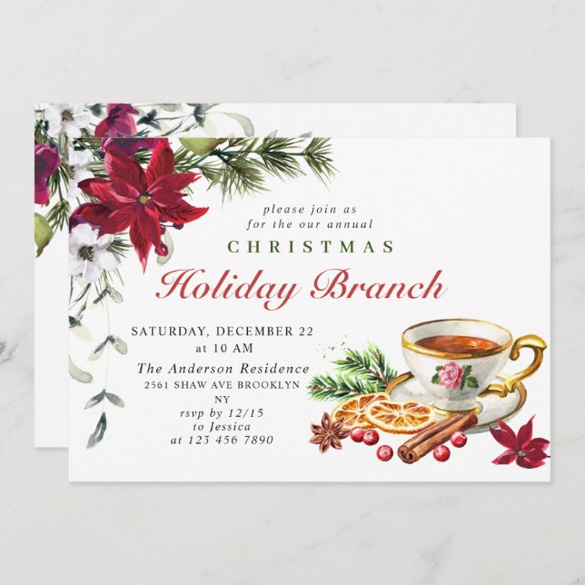 Convite FEST Poinsettia Férias Férias Filha de Natal (Frente/Verso)