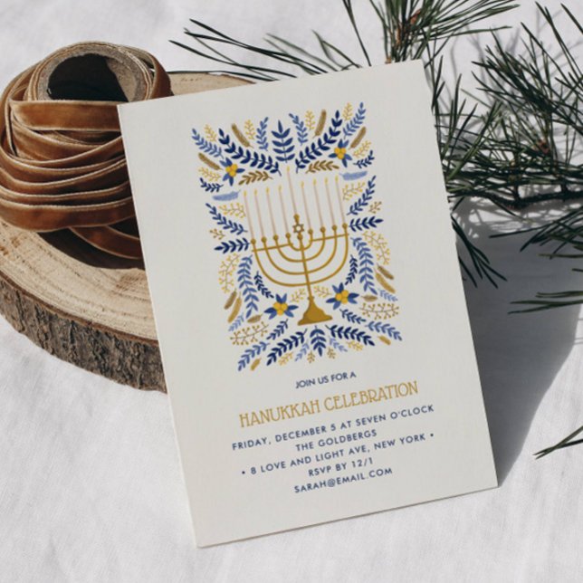 Convite FEST Watercolor Menorah Floral Hanukkah (Hanukkah party invitation featuring gold menorah and candles and foliage in blue gold and white)