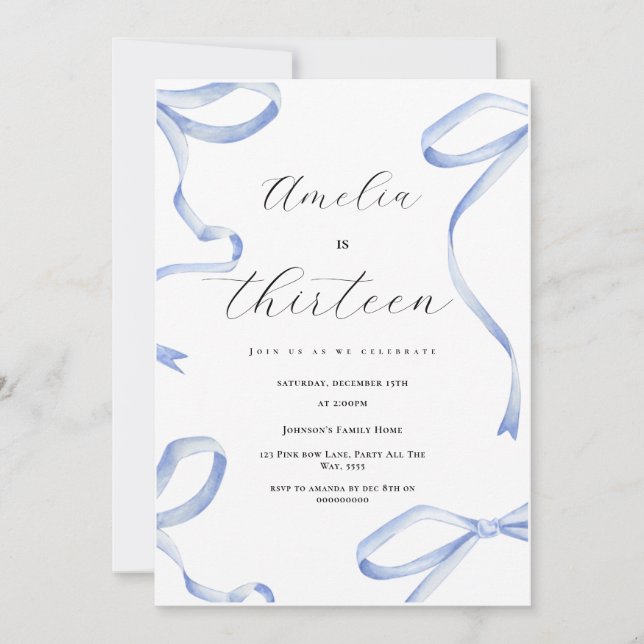 Convite Festa 13 de Coquette Rapariga Azul Arco Fita Elega (Frente)