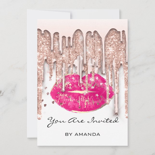 Convite Festa 16º Batom Vermelho Beijo Rosa Brilho Branco  (Frente)