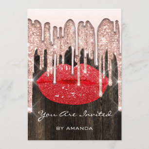 Convite Festa 16º Beijo Lábios Rosa Brilho Madeira. Vermel
