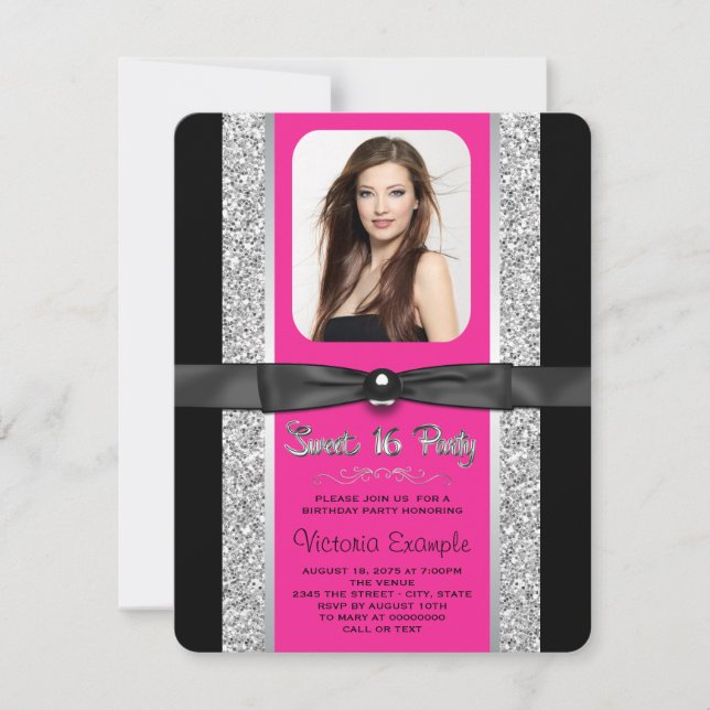 Convite Festa 16 de Glitter Prateado Rosa Quente (Frente)