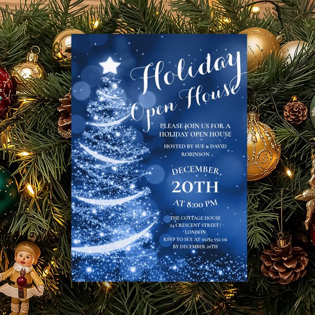 Convite Festa Aberta de Feriado Azul Elegante (Elegant Blue Holiday Open House Party Invitation)