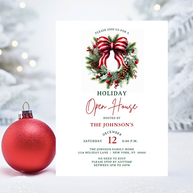 Convite Festa Aberta de Feriado de Natal Elegante (Elegant Christmas Wreath Holiday Open House Party Invitation)