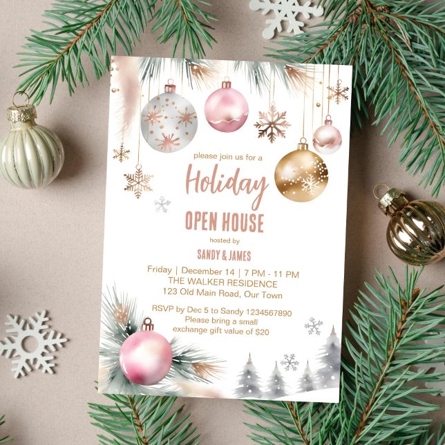 Convite Festa aberta de Holiday, festas de água metálica b (Holiday open house Christmas dinner party editable template invitation digital download watercolor)