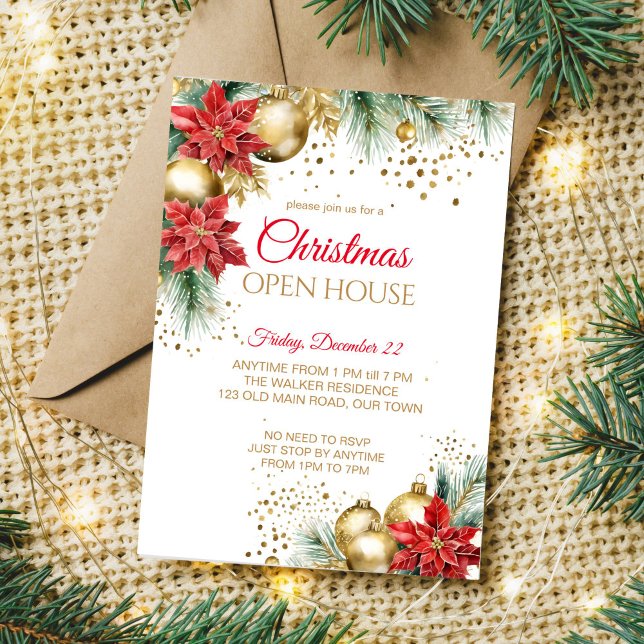 Convite Festa aberta de Natal, poinsettia vermelha (Christmas open house template invitation watercolor red poinsettia gold baubles pines gold sprinkles)