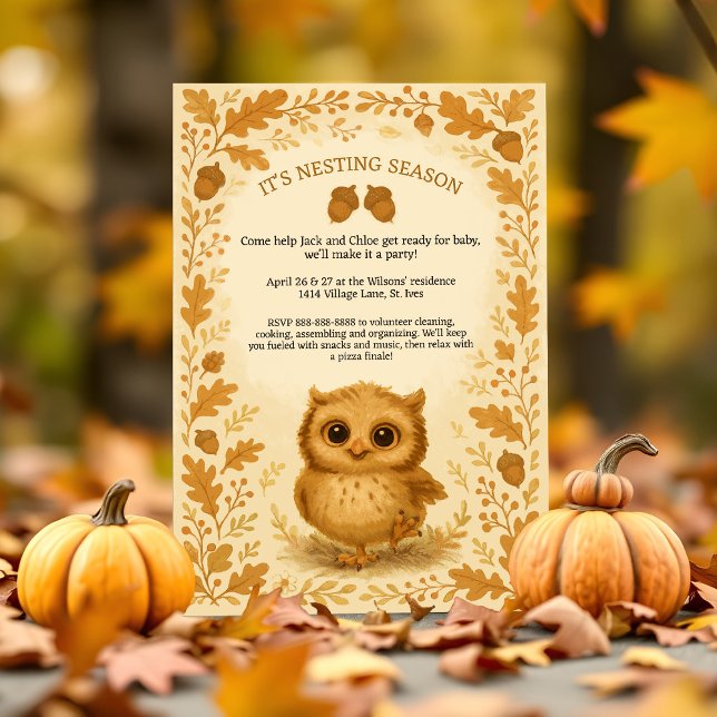 Convite Festa Adorável de Desninhamento de Coruja Branca (Whimsical fall baby shower invite with cute owl, rustic woodland charm, and autumn foliage.)