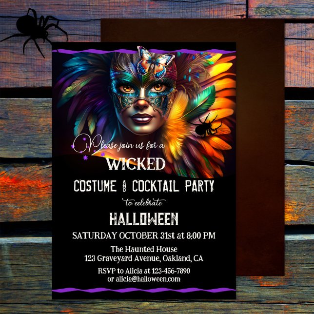 Convite Festa Adulta de Costume de Halloween (A colorful costume and cocktail Halloween party invitation featuring a feathered mask - adults only)