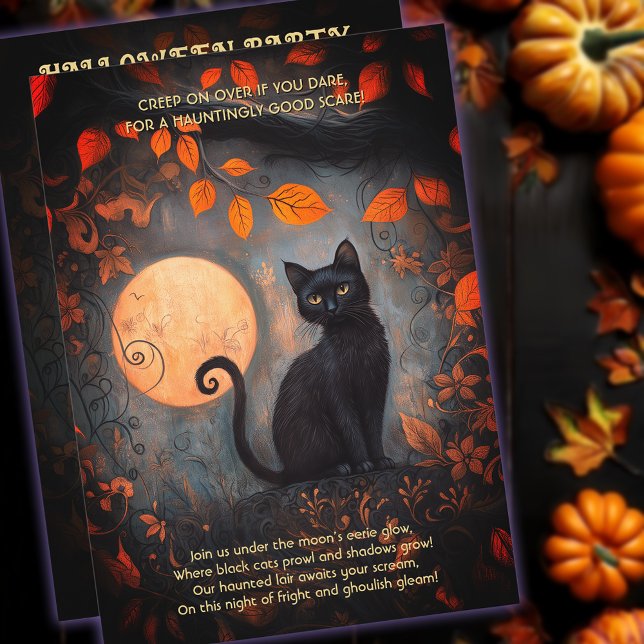 Convite Festa Adulta de Ornamentado de Gato Preto com Lua  (Halloween Full Moon Black Cat Ornate Adult Party Invitation)