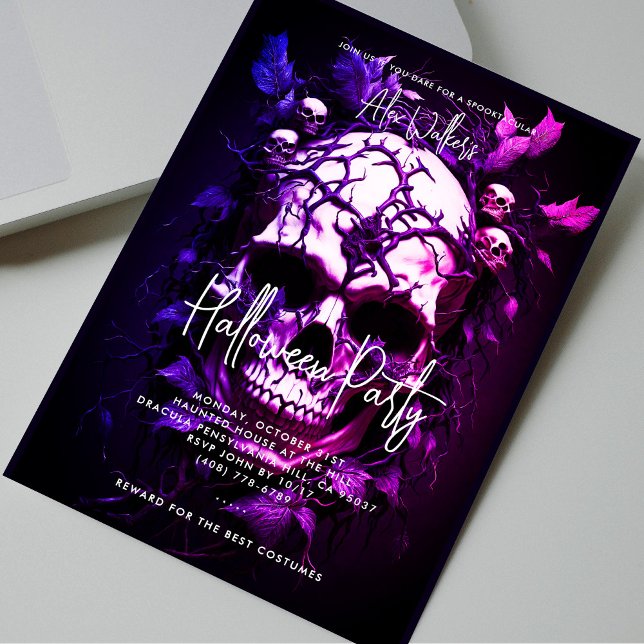 Convite Festa Adulta do Halloween Azul Escuro Caveira Roxo (Adult Halloween Party Dark Blue Purple Skull Invitation)