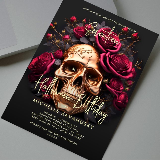 Convite Festa Adulta do Halloween Rosas vermelhas Douradas (Adult Halloween Party Birthday Gothic Black Gold Skull Red Roses Invitation
)