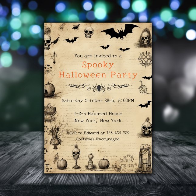 Convite Festa Adulta do Halloween Vintage Câncer Spooky (Vintage Adult Halloween Party Invitation. Spooky anatomy skull, bats, spiders.)