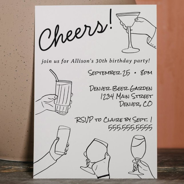 Convite Festa Alegre Desenhada à Mão Excêntrica e Divertid (Hand drawn whimsical quirky funky cheers cocktail birthday party invitation modern black and white )