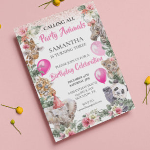 Convite Festa Animais da Selva Safari Menina Rosa Aniversá