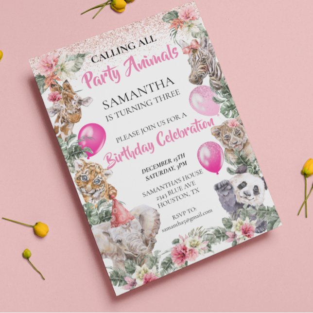 Convite Festa Animais da Selva Safari Menina Rosa Aniversá (Criador carregado)